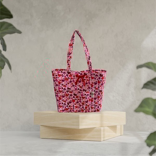 Love Heart Fabric Tote Bag with Pocket.  Handmade Quilted Day Bag
