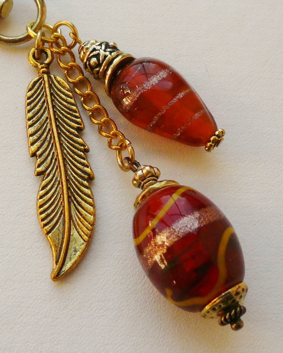 Bag Charm Glass Amber Burnt Orange Bead and Gold Plate Feather Charm  KCJ932