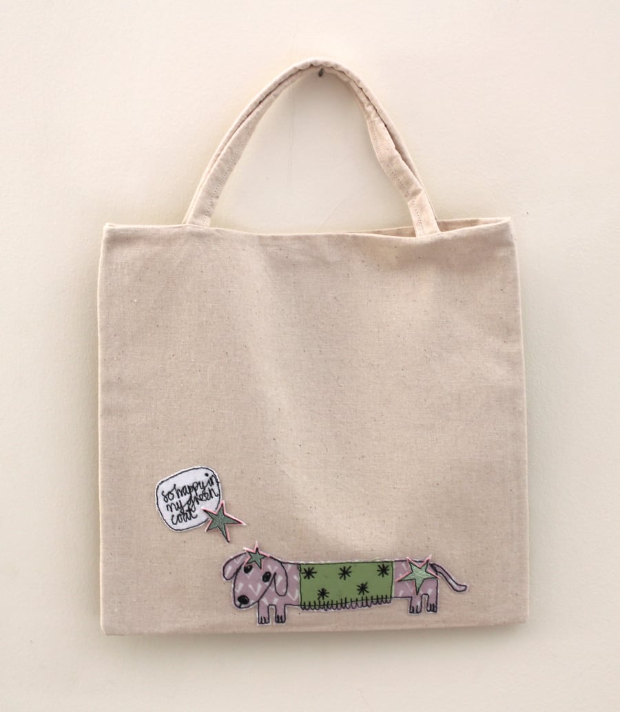 Lined Mini Tote Bag with Mr Sausage dog in a Gr... - Folksy