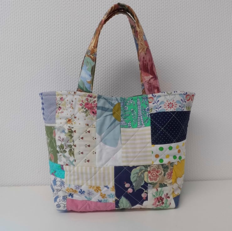 SOLD Patchwork tote bag machine quilted short h... - Folksy