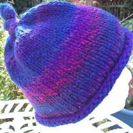 SPECIAL! Handknit KNOTTY TOP BEANIE Stripey Purples and Blues