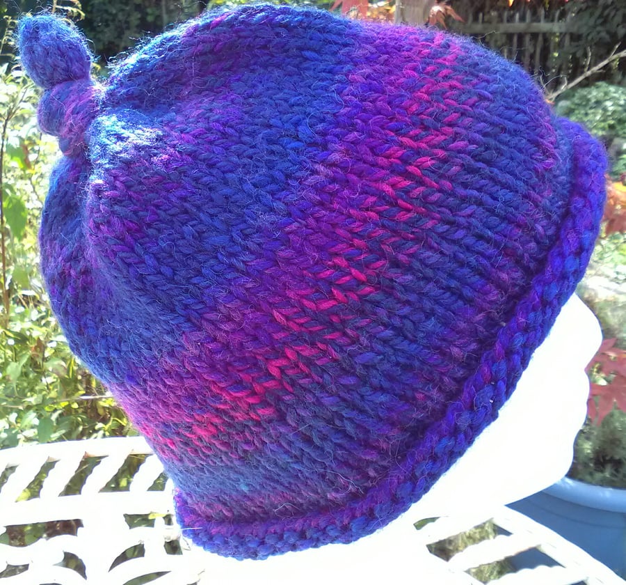 SPECIAL! Handknit KNOTTY TOP BEANIE Stripey Purples and Blues