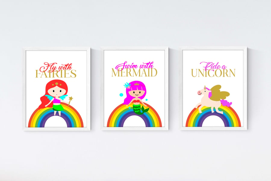 Set of 3 rainbow unicorn nursery wall hanging prints, children's animals posters