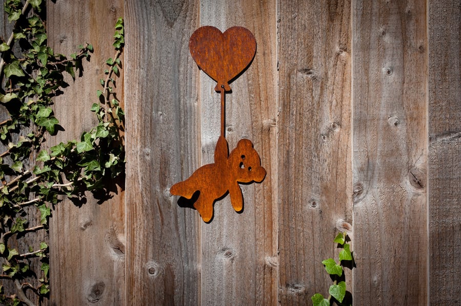 Teddy Bear Holding Heart Balloon Wall Art, Metal Fence Art, Cute Garden Gift