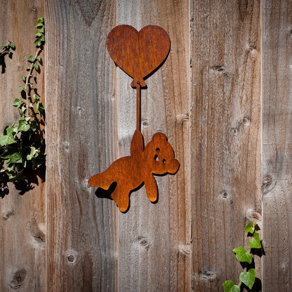 Teddy Bear Holding Heart Balloon Wall Art, Metal Fence Art, Cute Garden Gift