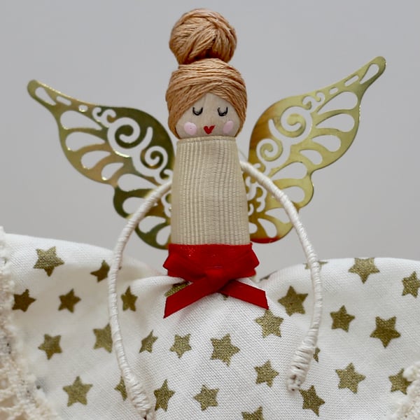 'star dress with red ribbon & bow' Handmade Peg Doll (light brown hair)