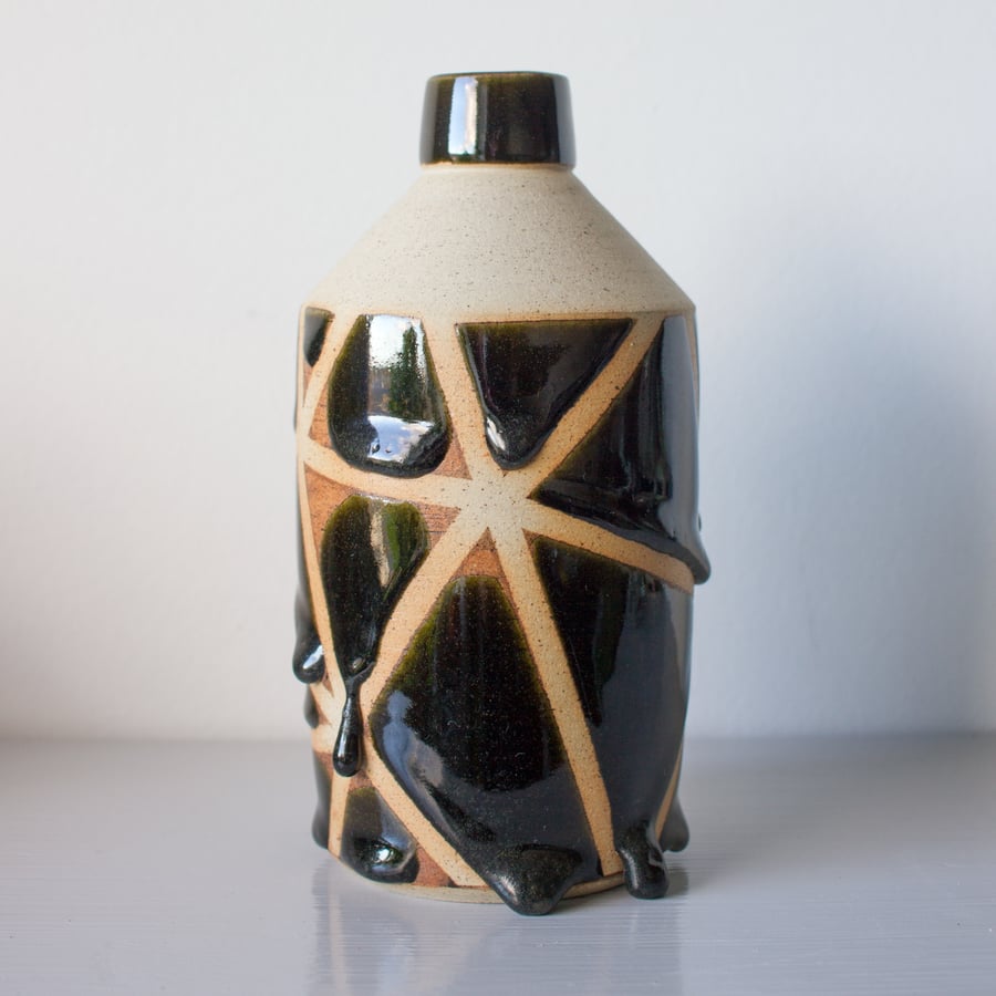 Ceramic Bottle with Drippy Glaze in a Geometric Design