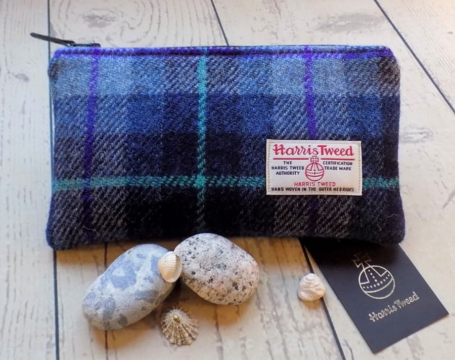 Harris Tweed clutch purse, pencil case in shades of blue check