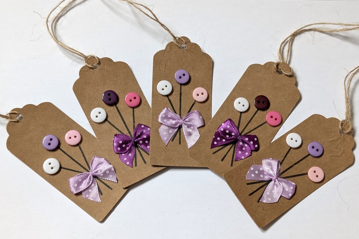 Homemade gift tags made with buttons in packs of 5 - button flowers and a bow