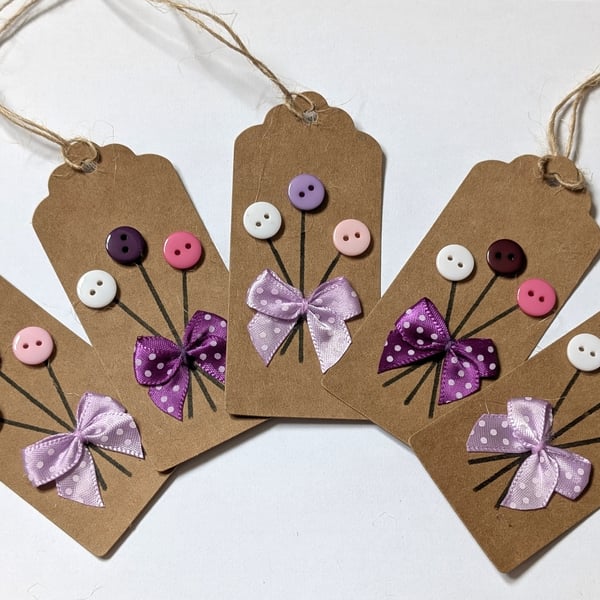 Homemade gift tags made with buttons in packs of 5 - button flowers and a bow