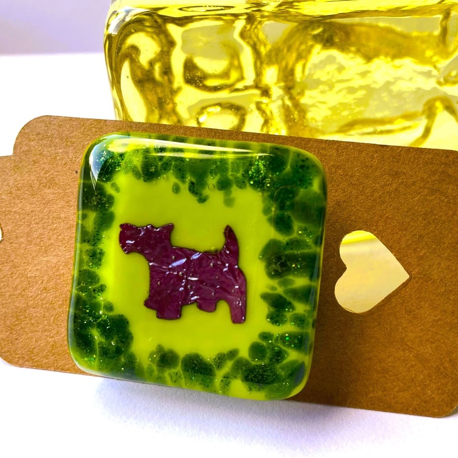 Green Scottie Dog Fused Glass Brooch-facing left