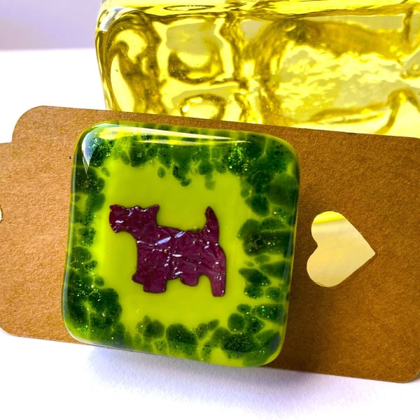 Green Scottie Dog Fused Glass Brooch-facing left
