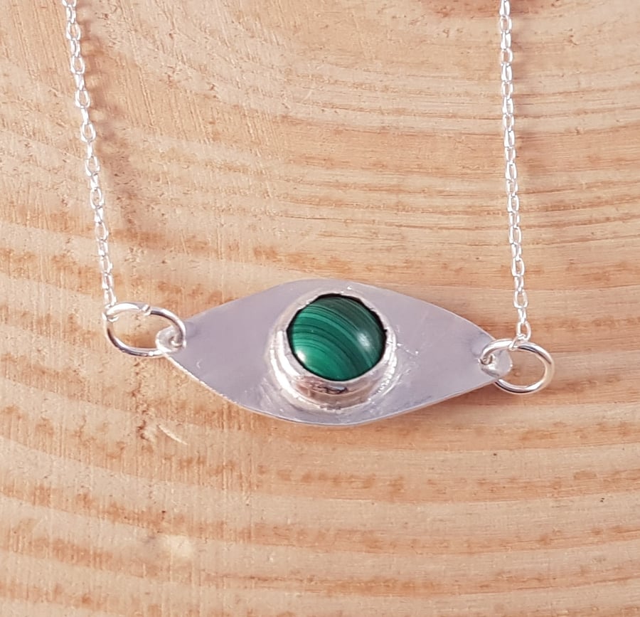 Sterling Silver and Malachite Cabochon Eye Necklace
