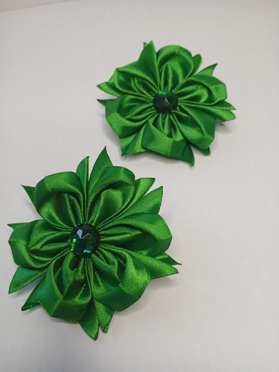 Forest Green Hair Slides with Rhinestone Centre - Elegant Satin Fabric Blooms