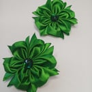 Forest Green Hair Slides with Rhinestone Centre - Elegant Satin Fabric Blooms