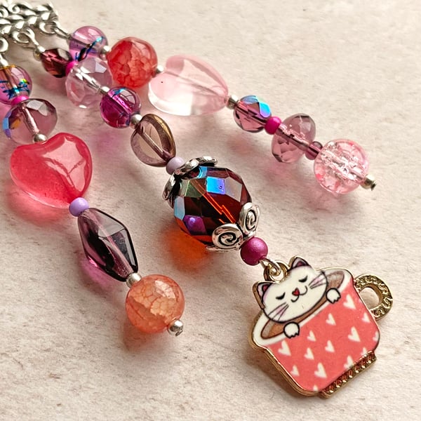 Cat bag charm, gift for cat lover, cat in a cup charm