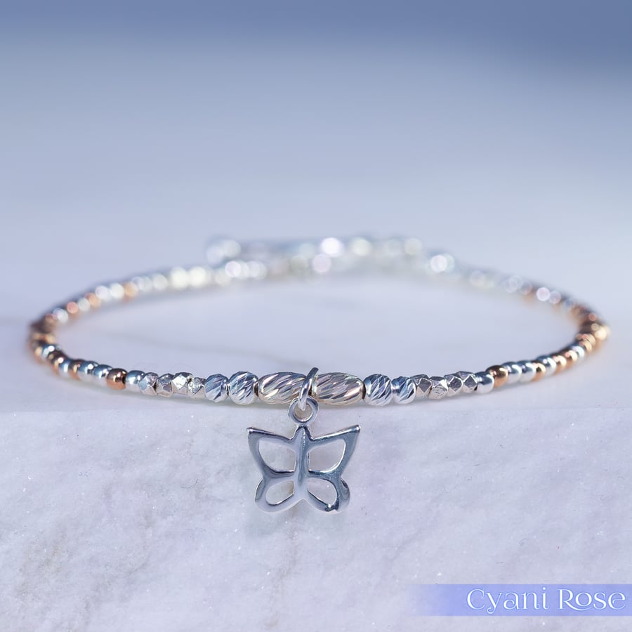 Butterfly sterling silver and rose gold unique bracelet 
