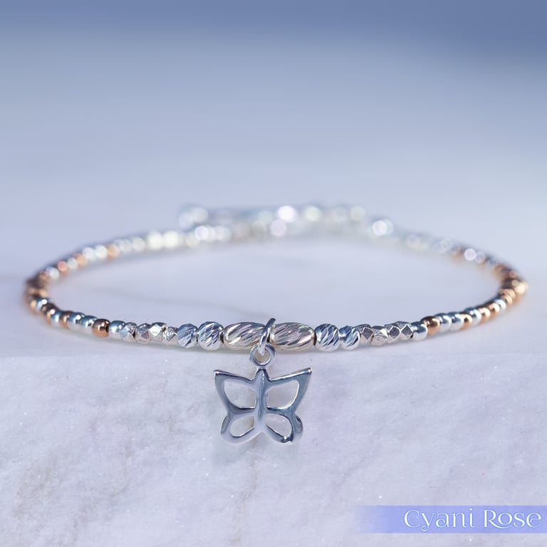 Butterfly sterling silver and rose gold unique bracelet 