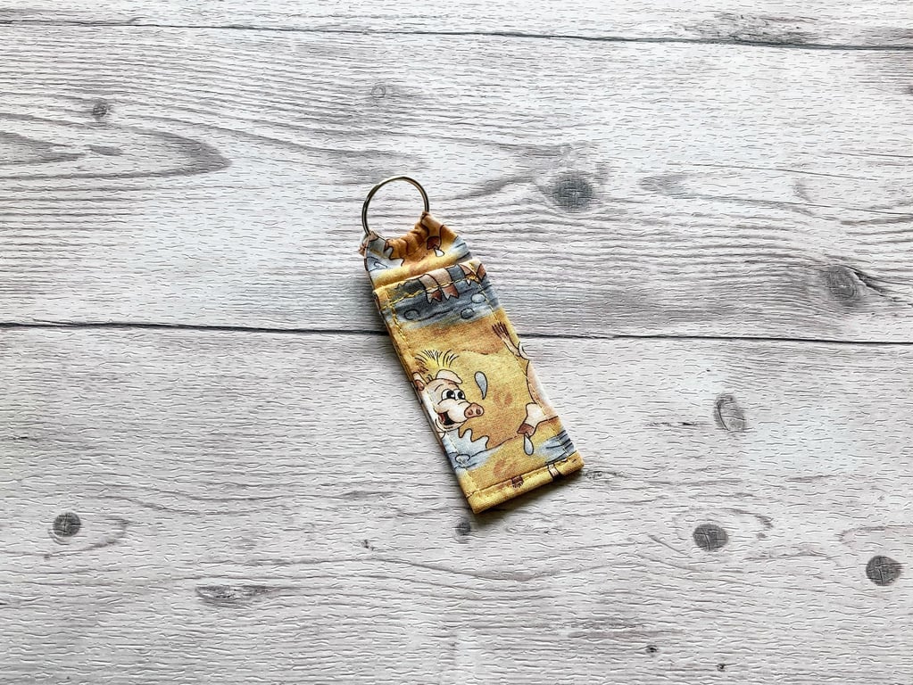 Pig themed lip balm cotton fabric keyring. Pigs, piggies, piggy.