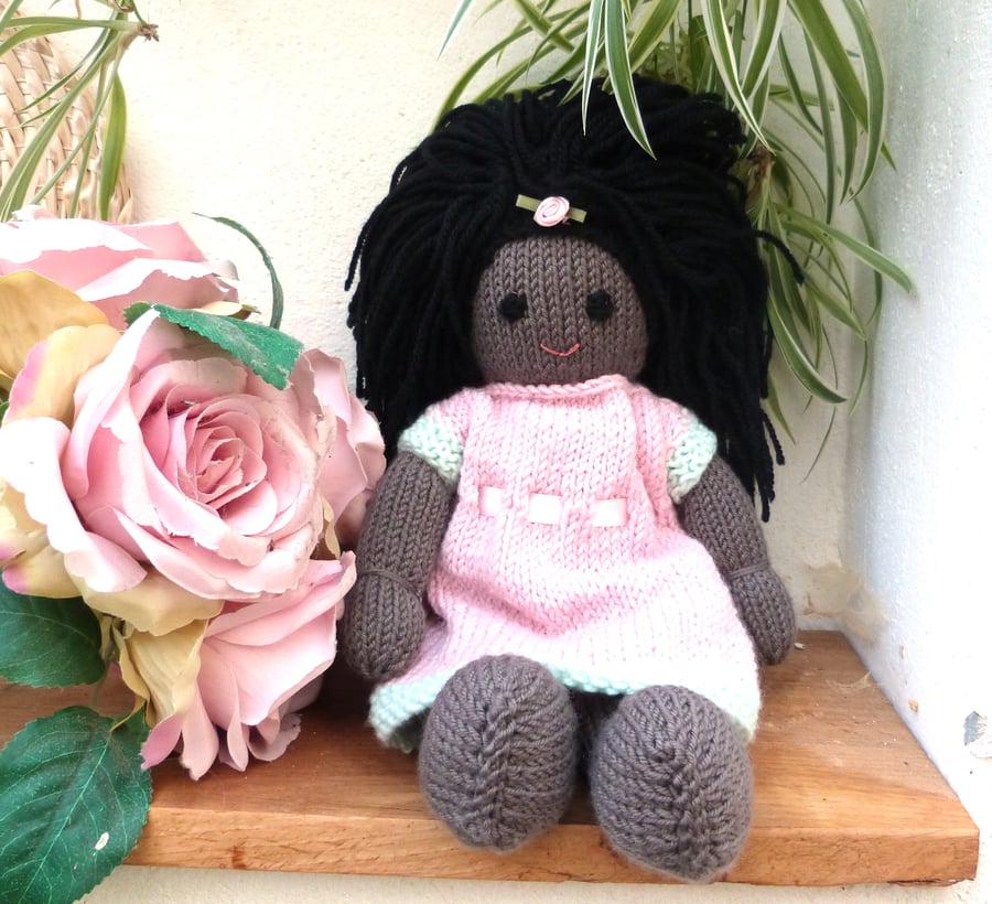 Doll. 12" Hand Knitted Doll Black African Doll Made in Wool With Removable Dress