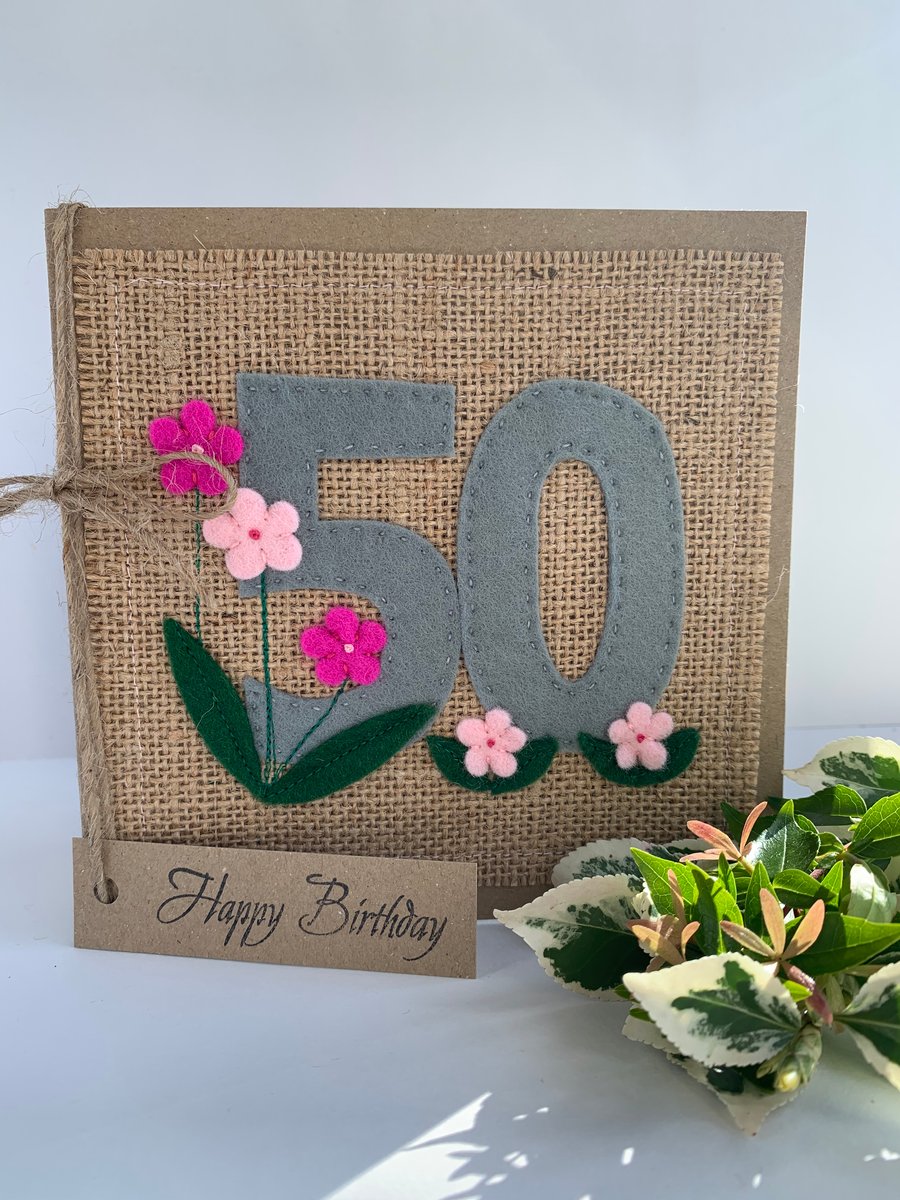 Handmade 50th Birthday Card from felt. Keepsake Card. Textile Card.