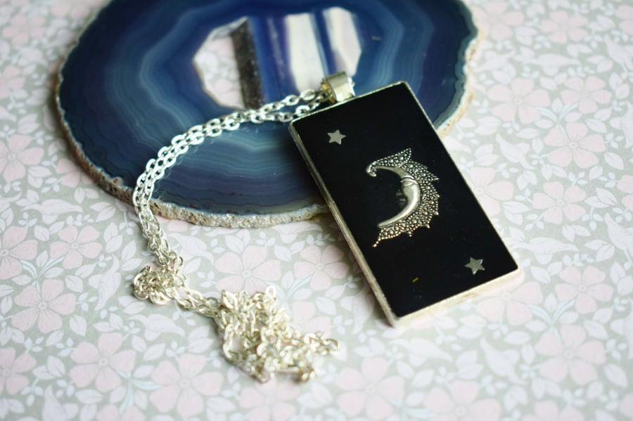 Black Crescent Moon and Stars Pendant Necklace