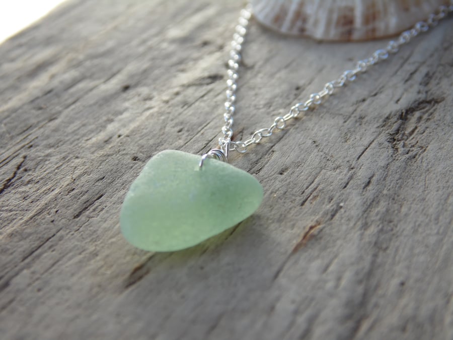 Dainty Pale Green Marazion Sea Glass Necklace Sterling Silver N654
