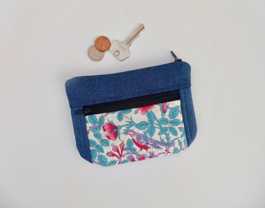 Two-section purse in dark denim and Liberty bird print