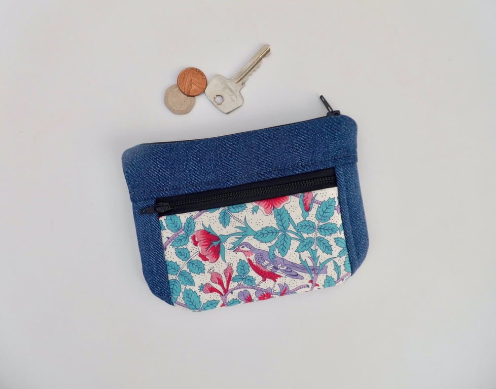 Two-section purse in dark denim and Liberty bird print