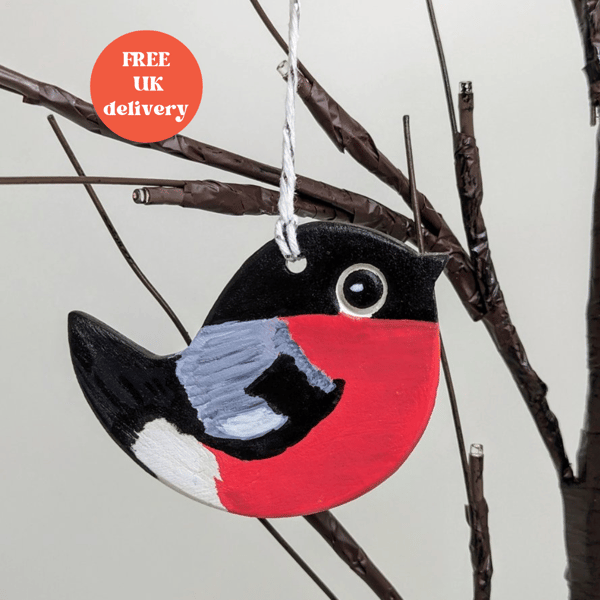 Bullfinch, bird hanging decoration, clay gift for a bird lover 