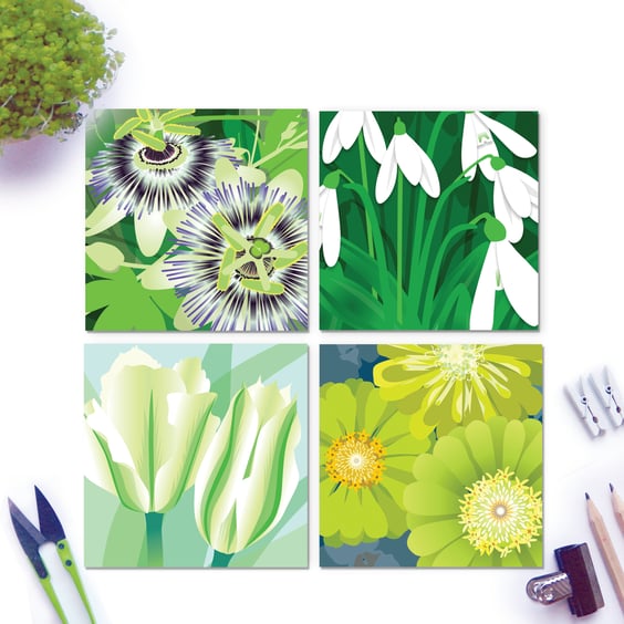 White & Green Flower Card Collection - Passionflower, Snowdrop, Tulip & Zinnia