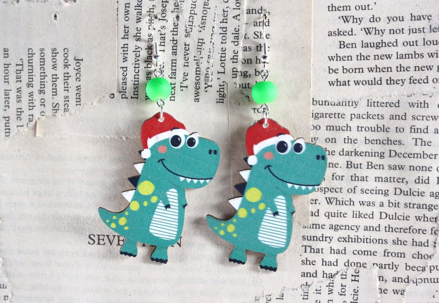 Christmas Dinosaur Wooden Earrings