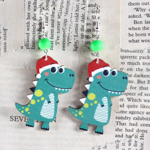 Christmas Dinosaur Wooden Earrings