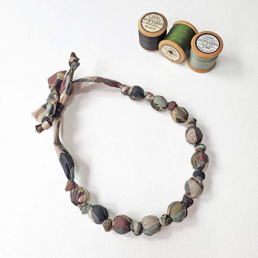 Khaki, Green, Brown & Black Liberty Print Fabric Necklace - Peony Promenade