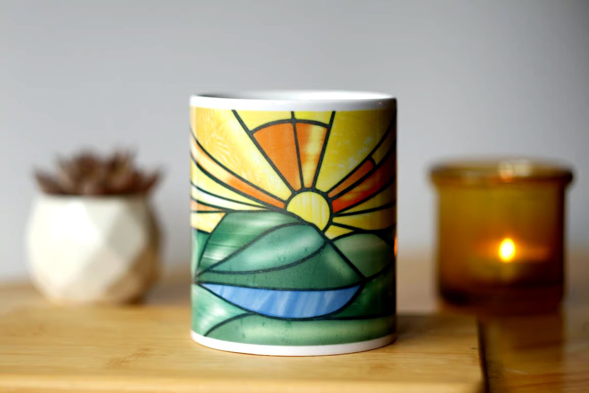 Stained Glass Style Mug, Silbury Hill, Illustrated Coffee cup