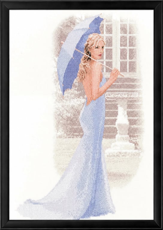 Chloe by John Clayton – Completed Lady with Parasol Cross-Stitch in Black Frame