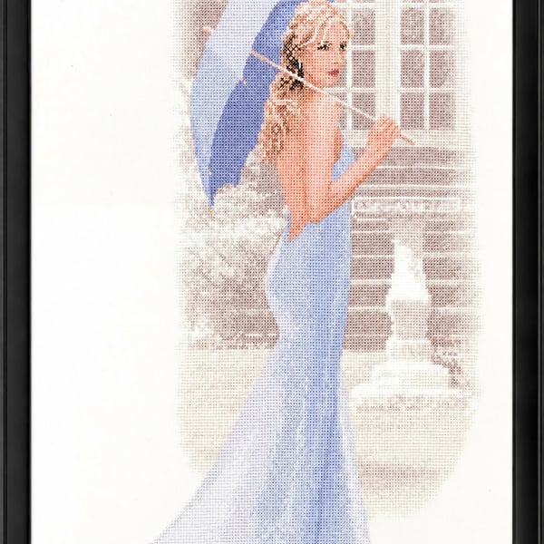 Chloe by John Clayton – Completed Lady with Parasol Cross-Stitch in Black Frame