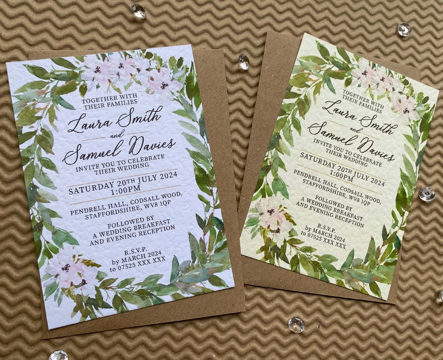 10 Blush pink flowers greenery wreath WEDDING INVITES cards A5 A6 invitations