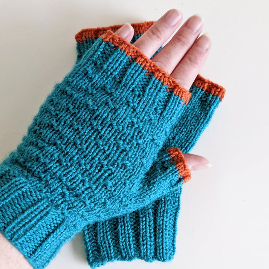 Fingerless Gloves Mitts - Wrist Warmers - Teal & Orange