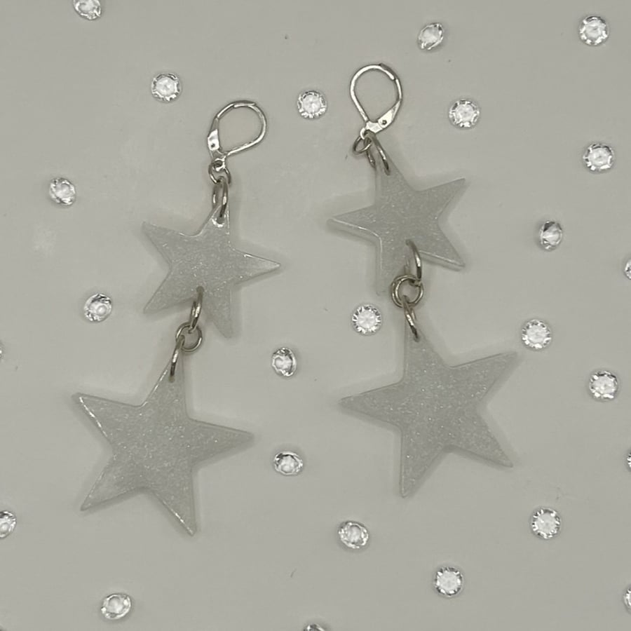 Resin Large Star Lever Back Earrings in Sparkly White