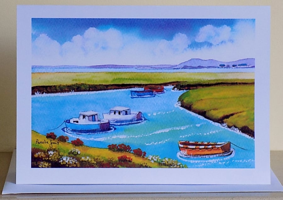 Artist Greetings Card, Penclawdd Boats, Gower, South Wales Blank Inside, A5