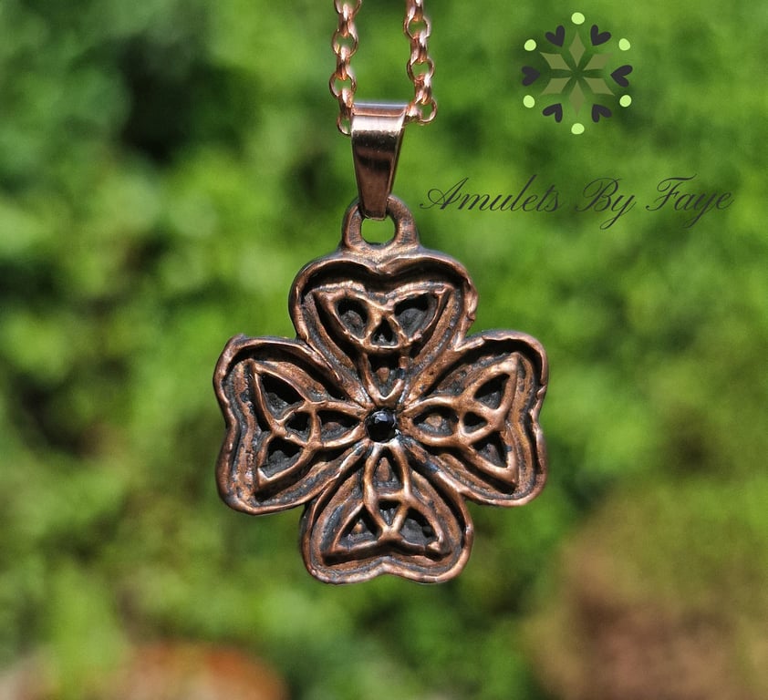 Copper Celtic Four Leaf Clover and Black Spinel Gemstone Pendant Necklace