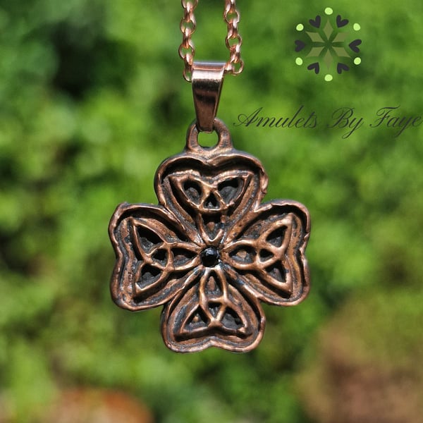 Copper Celtic Four Leaf Clover and Black Spinel Gemstone Pendant Necklace