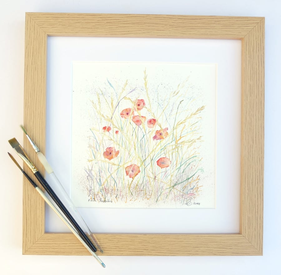 Framed Wild Poppy Flowers Botanical Original Watercolour Painting 