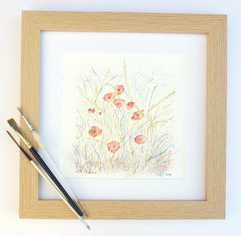 Framed Wild Poppy Flowers Botanical Original Watercolour Painting 