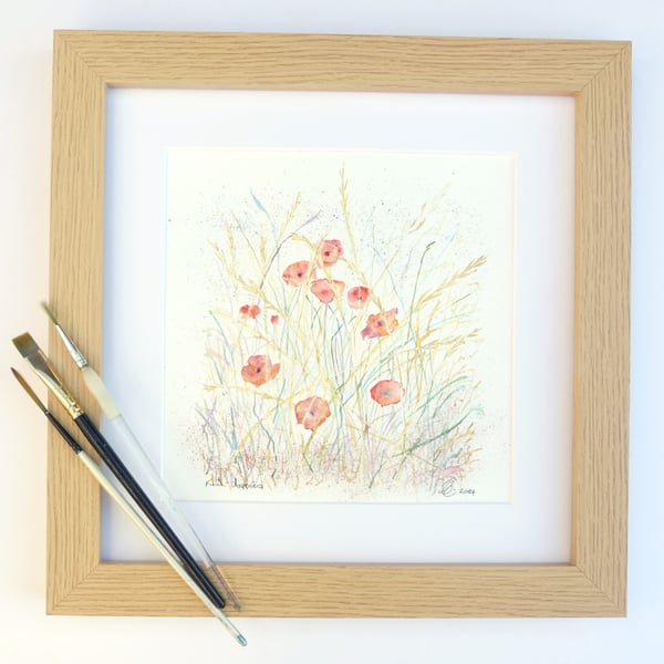 Framed Wild Poppy Flowers Botanical Original Watercolour Painting 