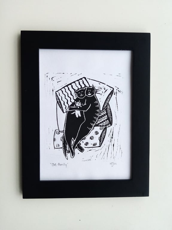 Handprinted Linoprint Cat Lovers Unframed Linocut Animals Wall Art Print 