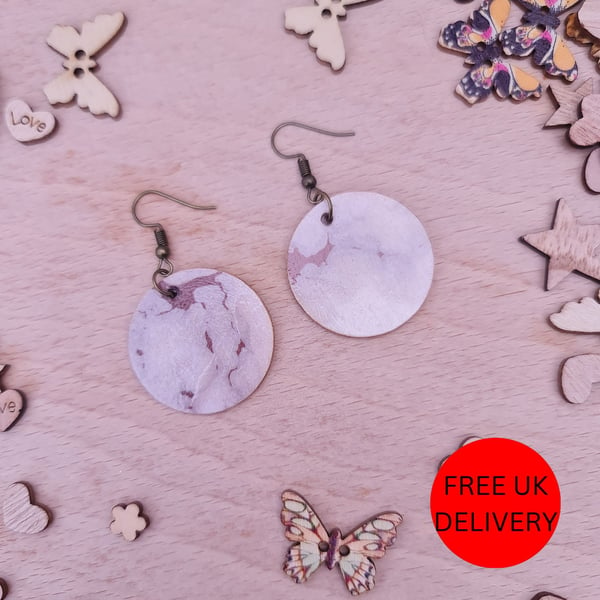 Grey Gold Marble Wooden Decoupaged Round Copper Plated Earrings - FREE UK P&P