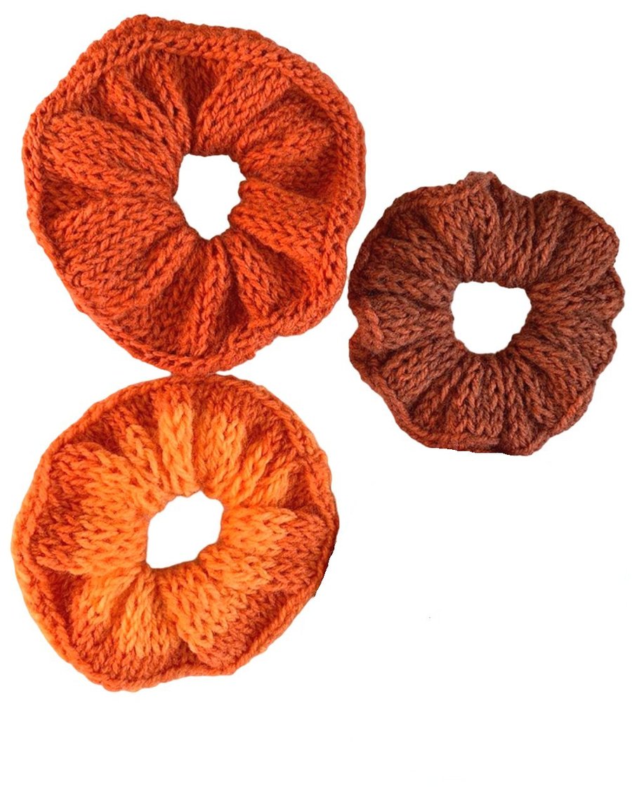 Knitted Scrunchie Orange Brown Double Sided Set of 3 Handmade Scrunchies