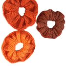 Knitted Scrunchie Orange Brown Double Sided Set of 3 Handmade Scrunchies
